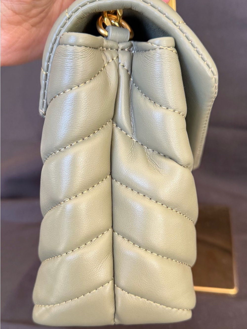 Quilted Chevron Shoulder Bag in Olive Green with Gold Hardware - Picture 5 of 11